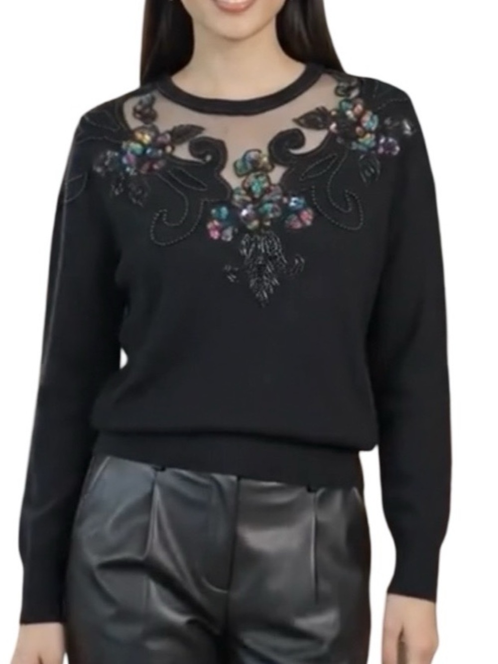 Event Statement Sweater Intricate Sequin Beads Elegant Sheer Neckline Black M
